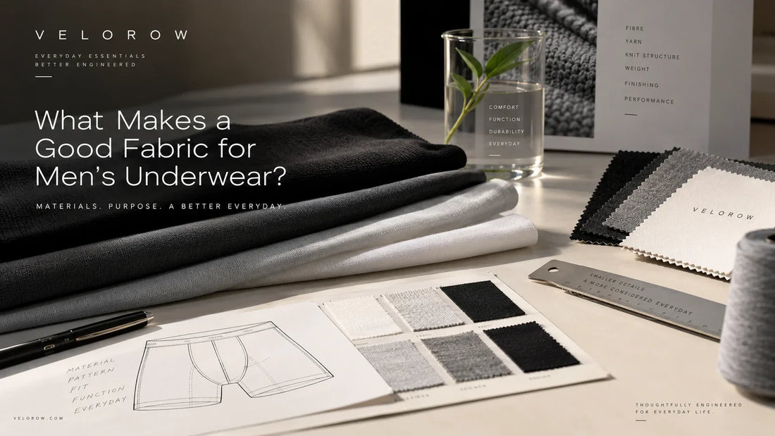 Fabric samples, textile swatches and boxer brief pattern illustrating material development for VELOROW