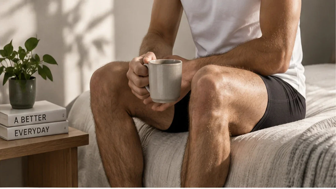 Man getting dressed in comfortable everyday essentials at home