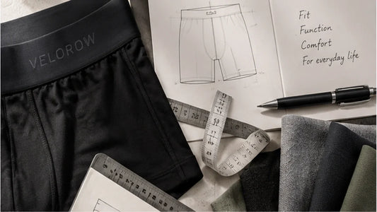 VELOROW product development with fabric, measurements and design notes