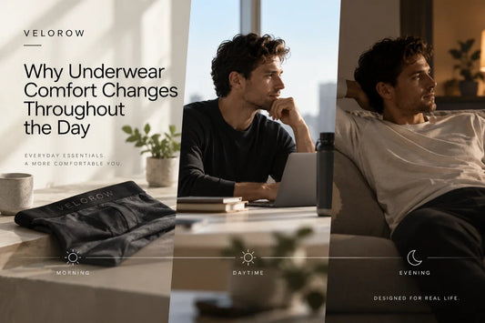 Morning, daytime and evening scenes illustrating all-day underwear comfort for VELOROW