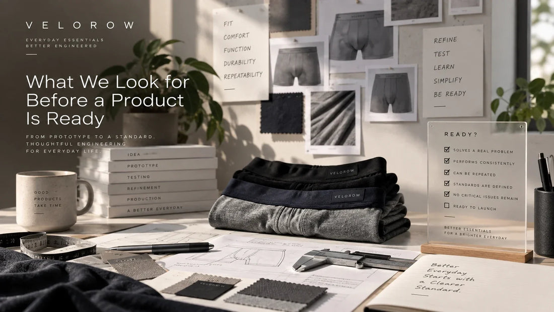 Boxer brief prototypes, design notes and testing standards illustrating VELOROW's product development process