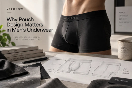 Men's boxer brief pouch design illustrating support, space and thoughtful construction for VELOROW