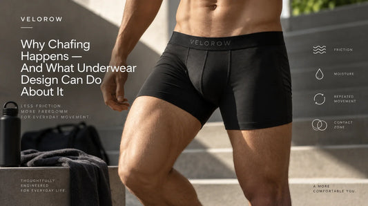 Man wearing boxer briefs illustrating friction, moisture and inner-thigh contact zones related to underwear chafing