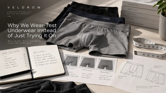 Boxer brief prototypes, wear-test notes and measurements illustrating VELOROW's product development process
